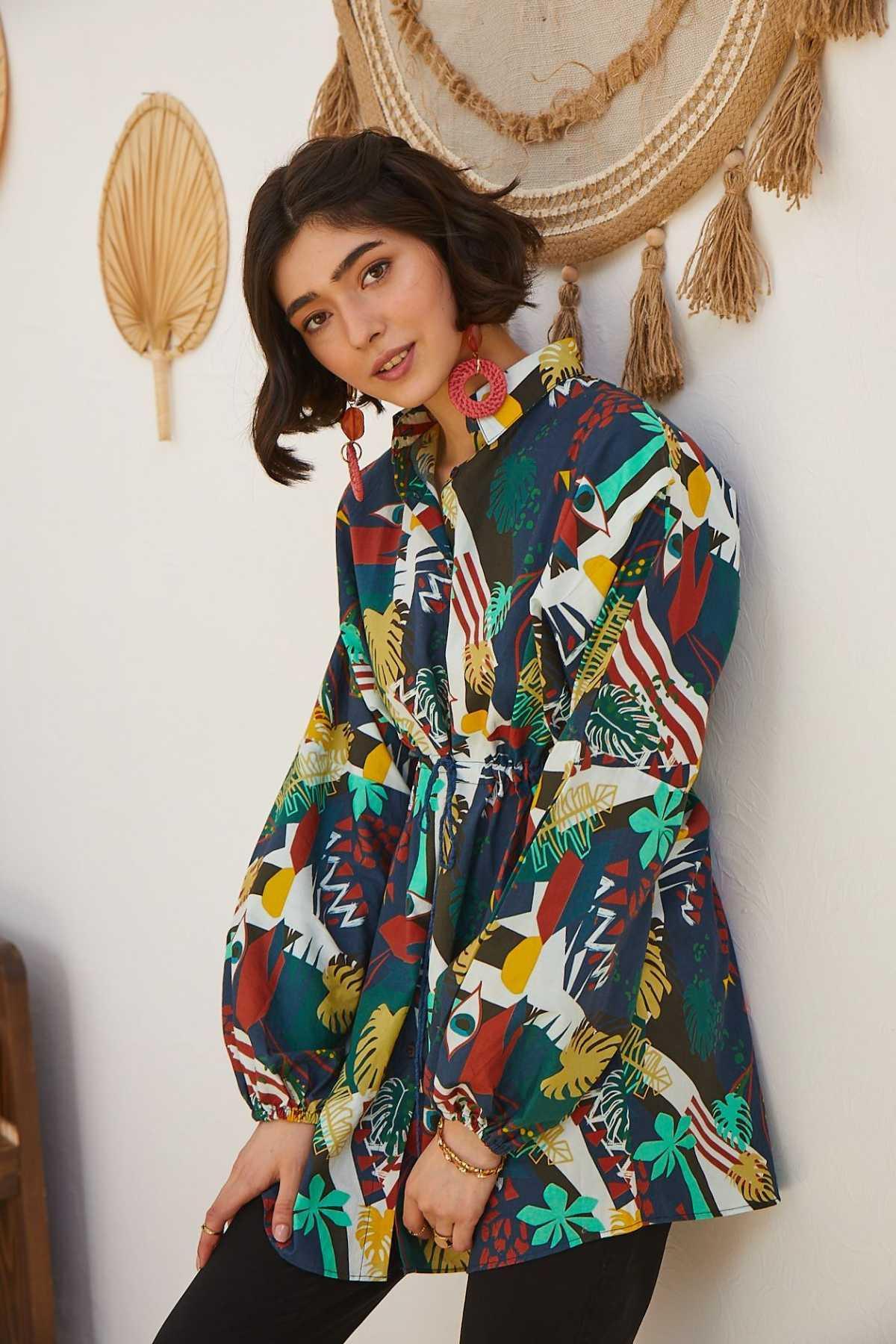 PRINTED LONG SHIRT FOR WOMEN - NAVY