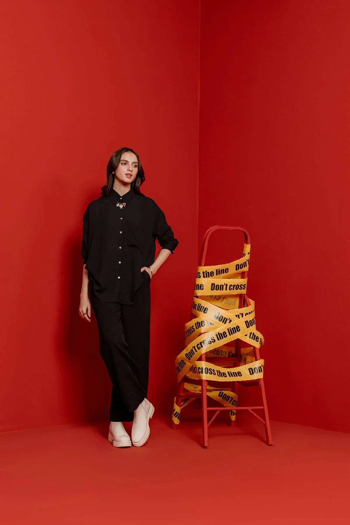OVERSIZED SOLID SHIRT FOR WOMEN - BLACK