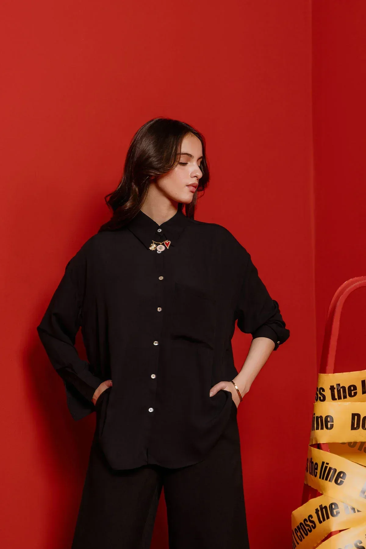 OVERSIZED SOLID SHIRT FOR WOMEN - BLACK - Image 3