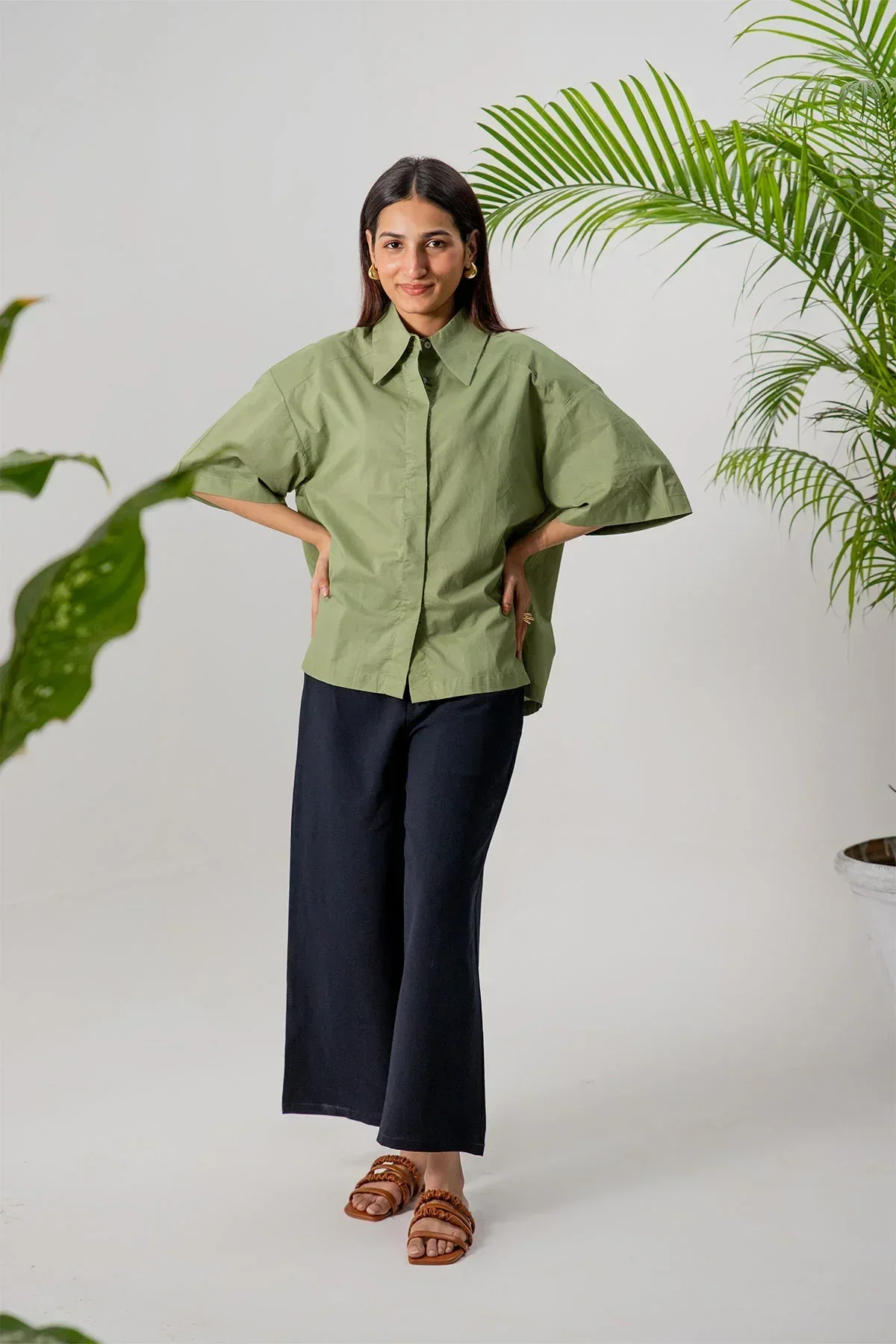 OVERSIZED SOLID SHIRT FOR WOMEN - GREEN