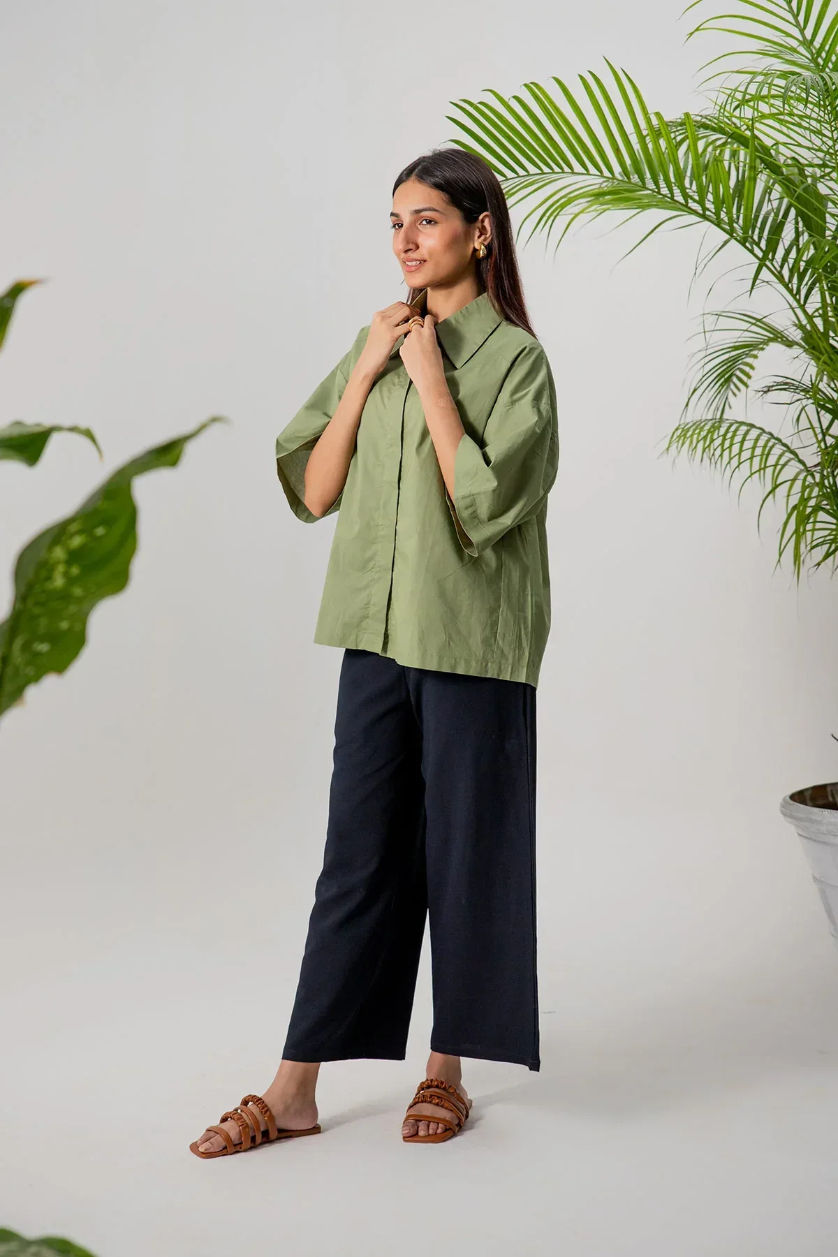 OVERSIZED SOLID SHIRT FOR WOMEN - GREEN - Image 2