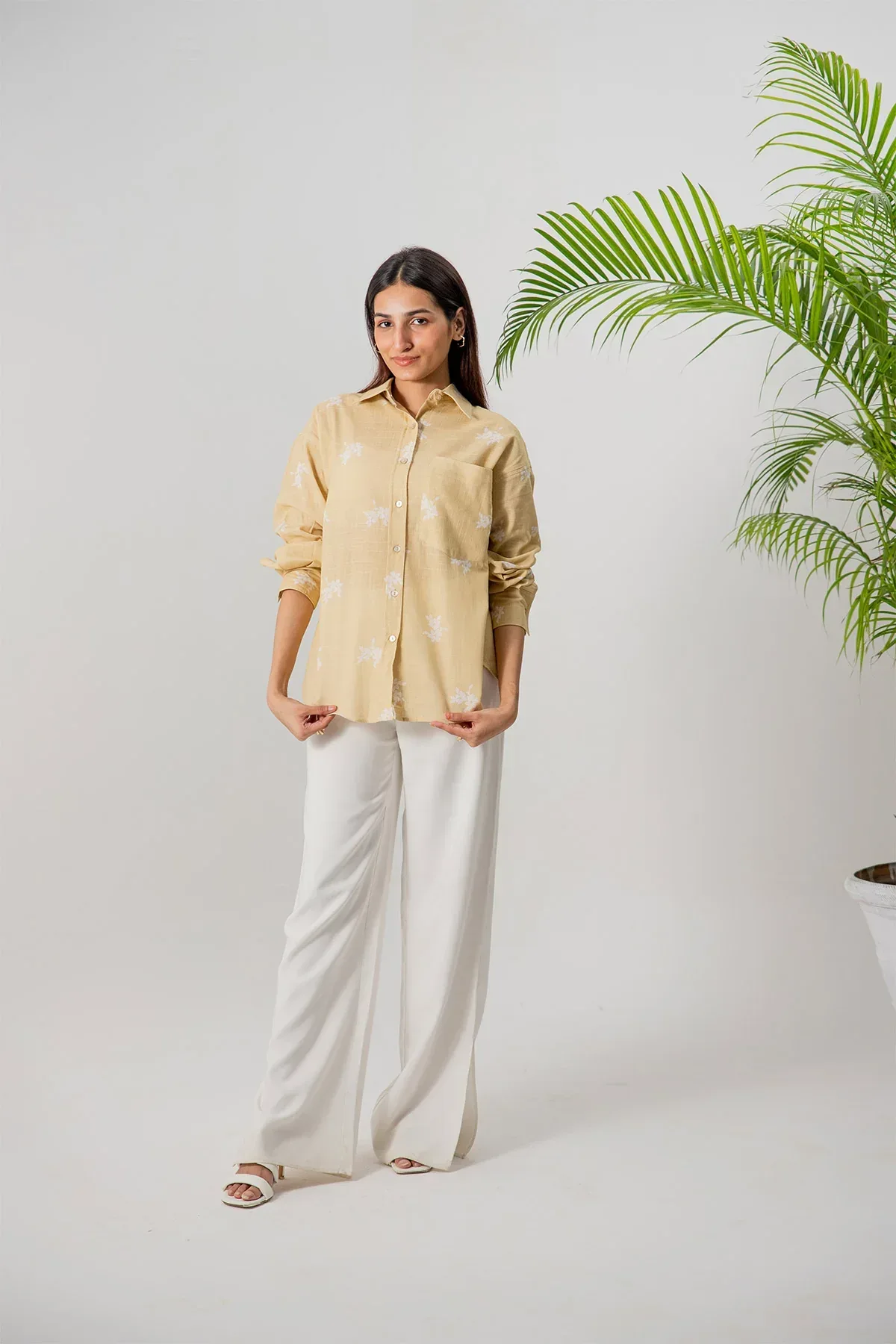 OVERSIZED PRINTED SHIRT FOR WOMEN - BEIGE