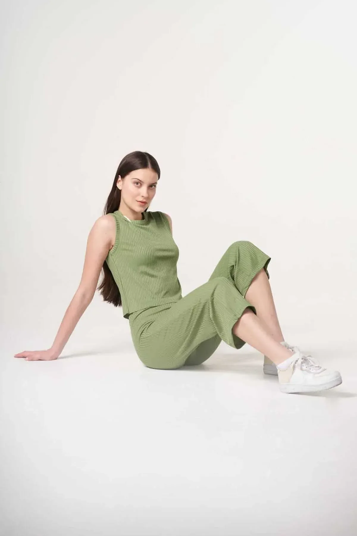 RIBBED SLEEVELESS CO-ORD SET FOR WOMEN - KHAKI