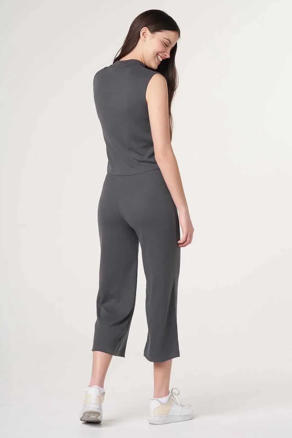 RIBBED SLEEVELESS CO-ORD SET FOR WOMEN - GREY - Image 3
