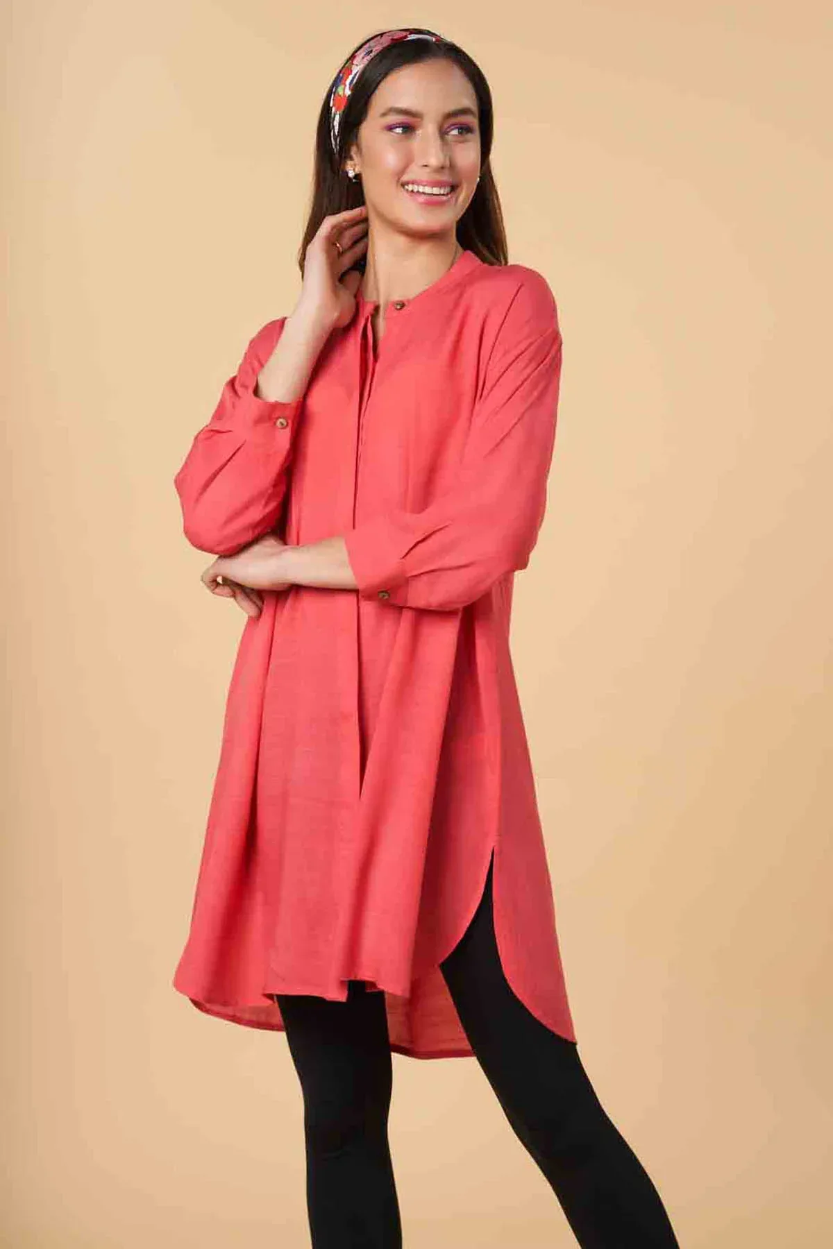 SOLID MIDI DRESS FOR WOMEN - CORAL