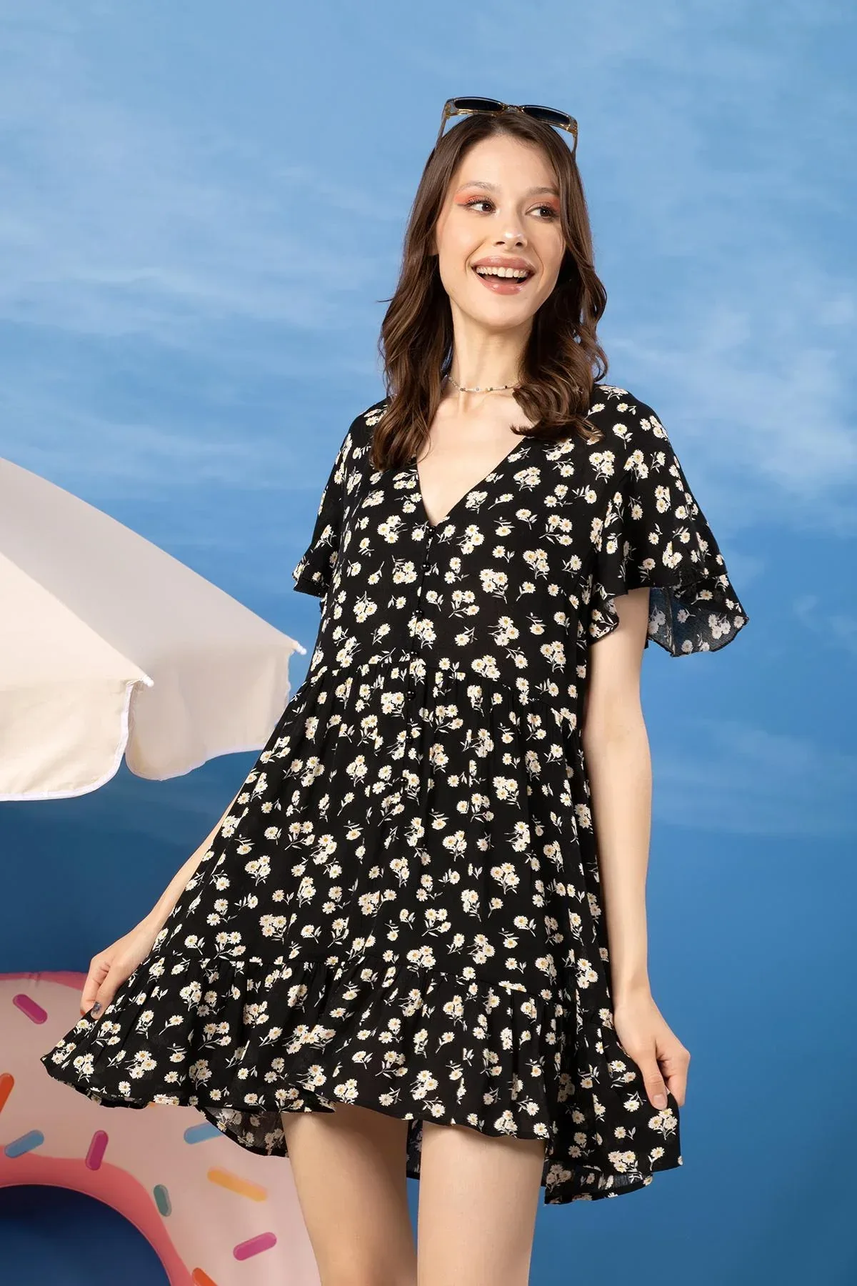 PRINTED MIDI DRESS FOR WOMEN - BLACK