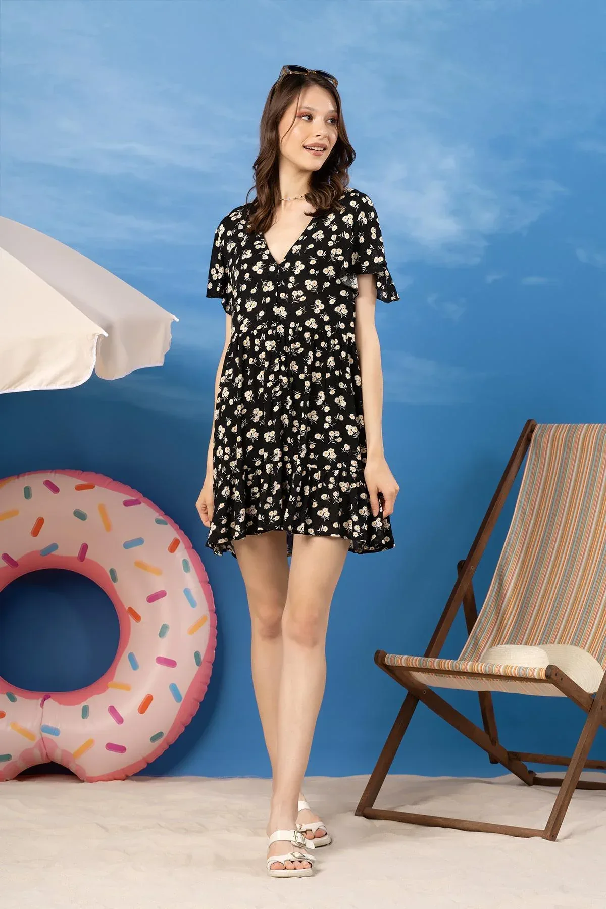 PRINTED MIDI DRESS FOR WOMEN - BLACK - Image 3