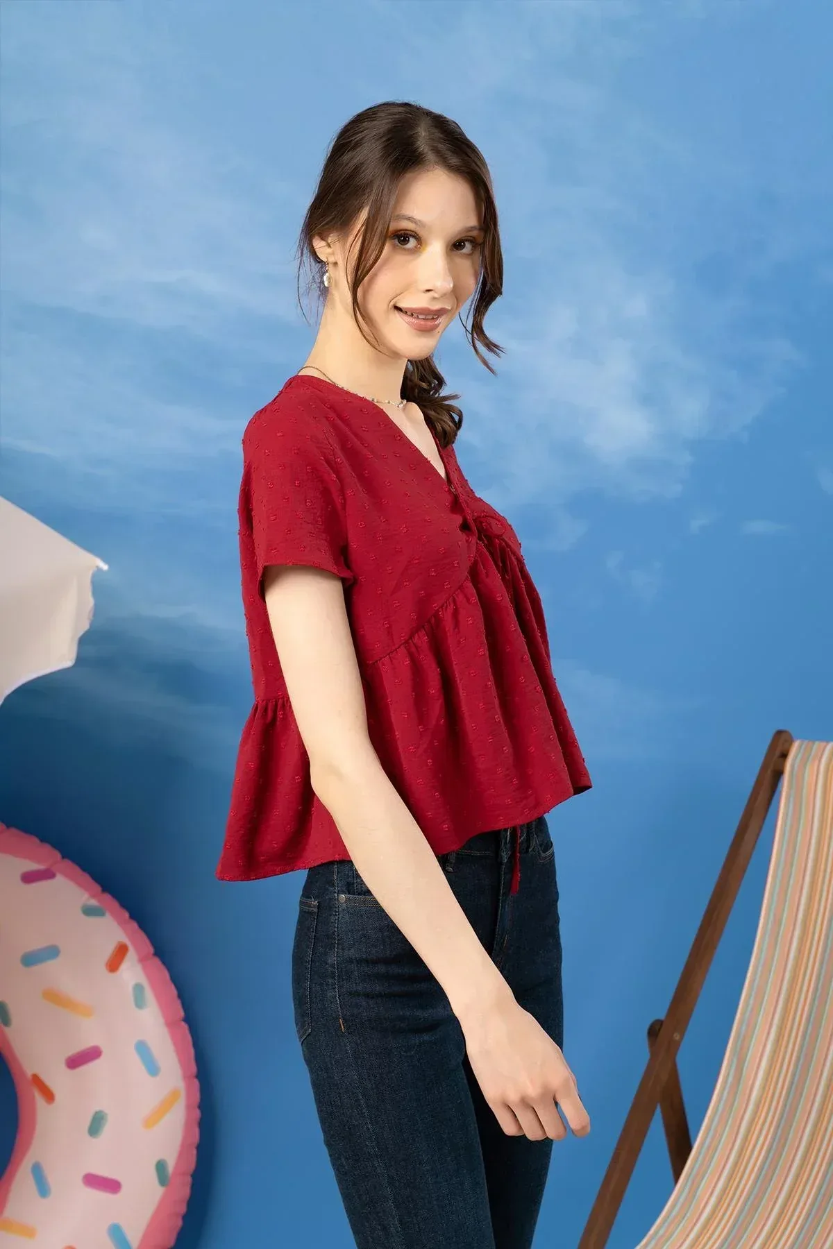SOLID SHIRT FOR WOMEN - CHERRY RED - Image 2