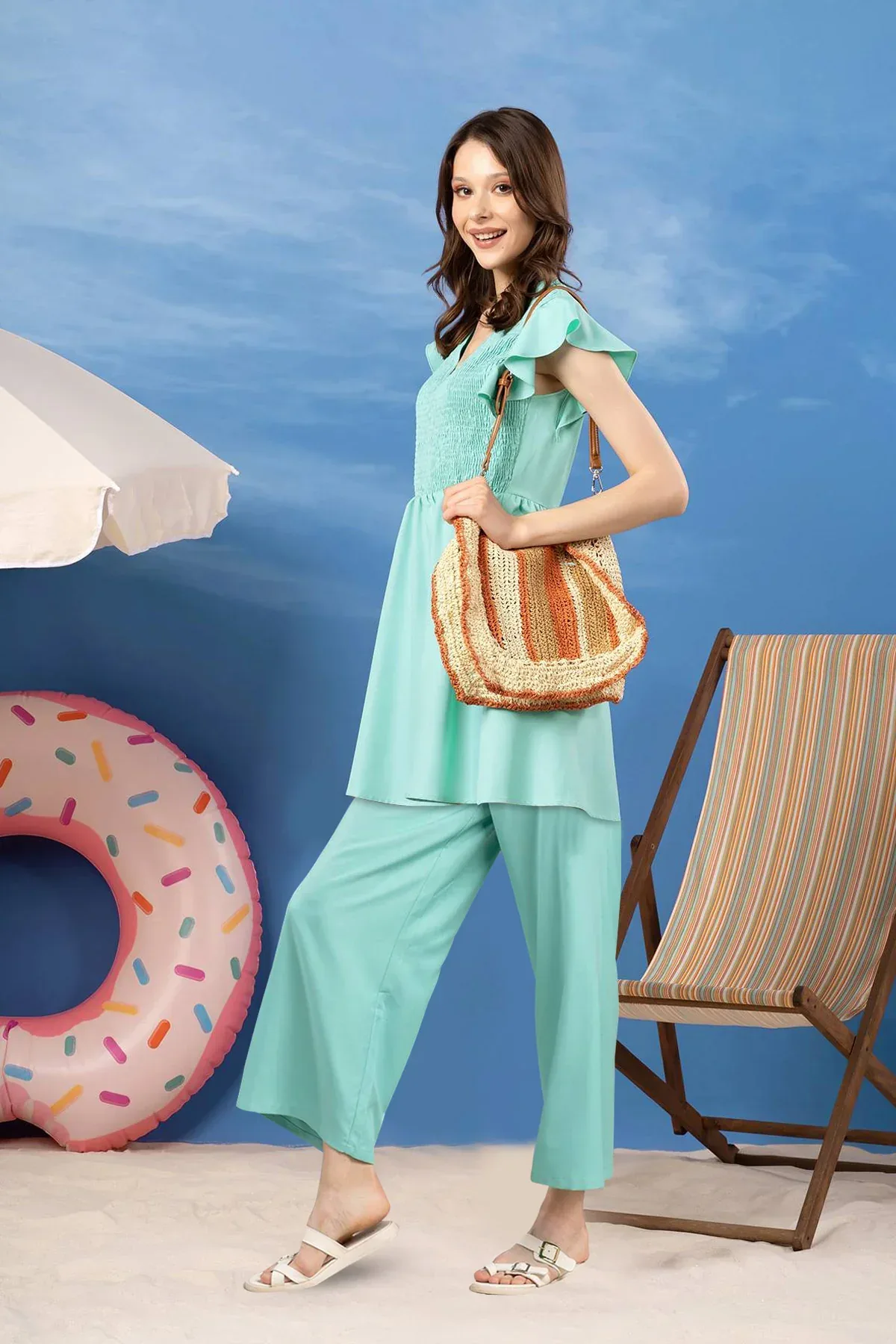 A-LINE SHIRRING MIDI DRESS WITH WIDE LEG PANT FOR WOMEN