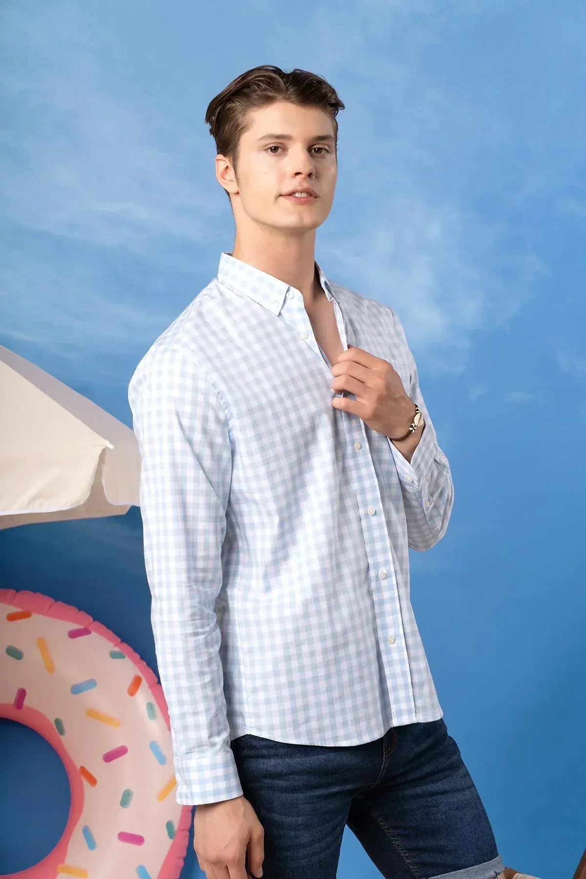 CHECK BUTTON DOWN SHIRT FOR MEN - LIGHT BLUE