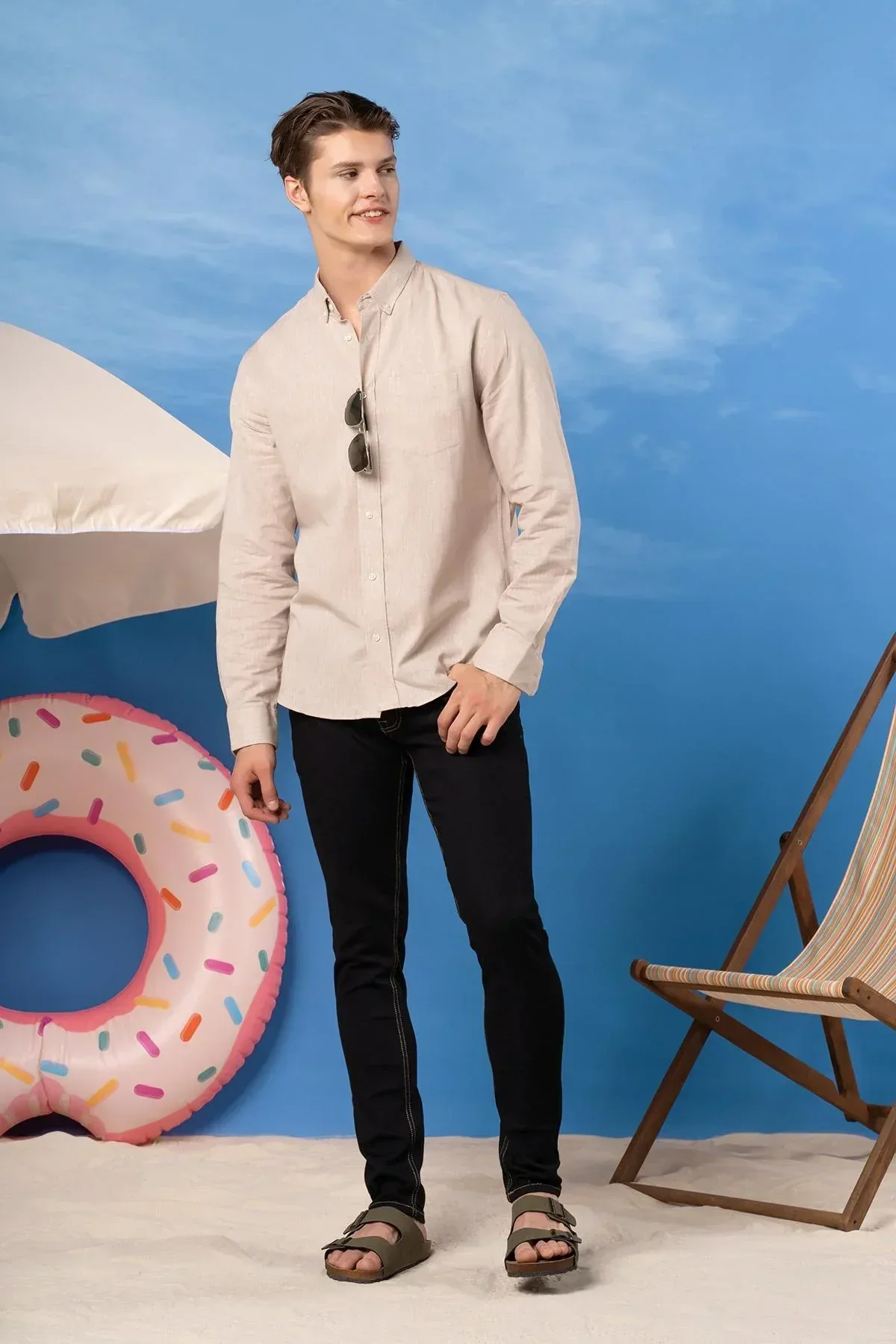 SOLID BUTTON DOWN SHIRT FOR MEN - BEIGE