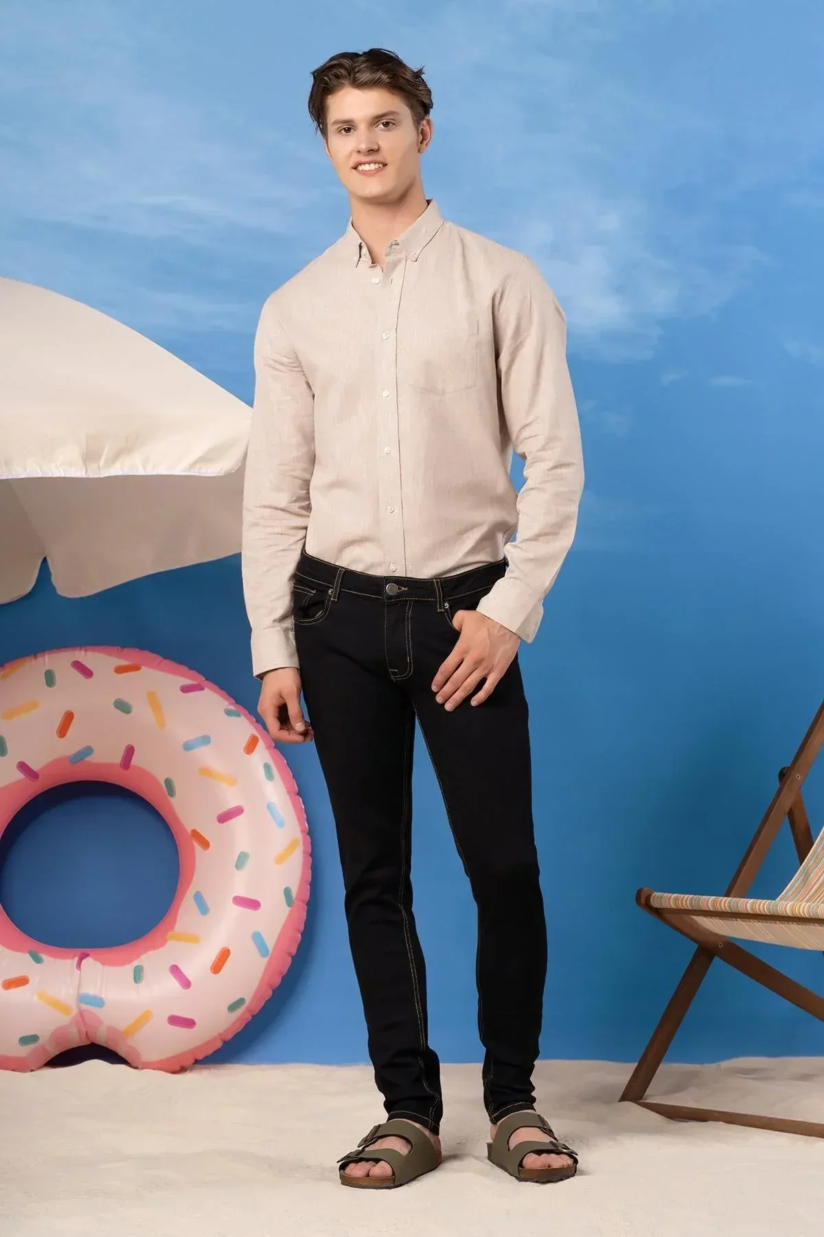SOLID BUTTON DOWN SHIRT FOR MEN - BEIGE - Image 3