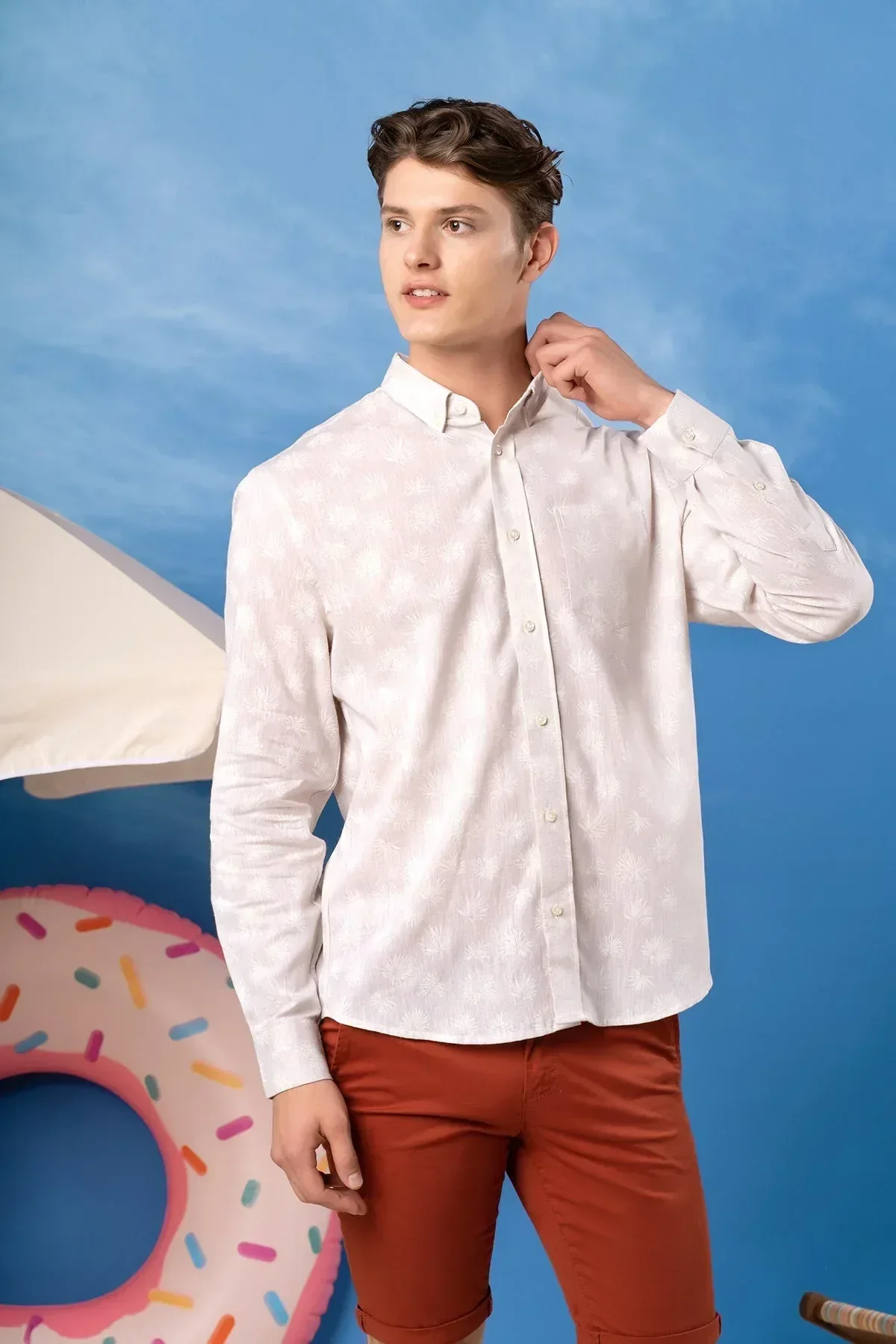 PRINTED BUTTON DOWN SHIRT FOR MEN - BEIGE - Image 3