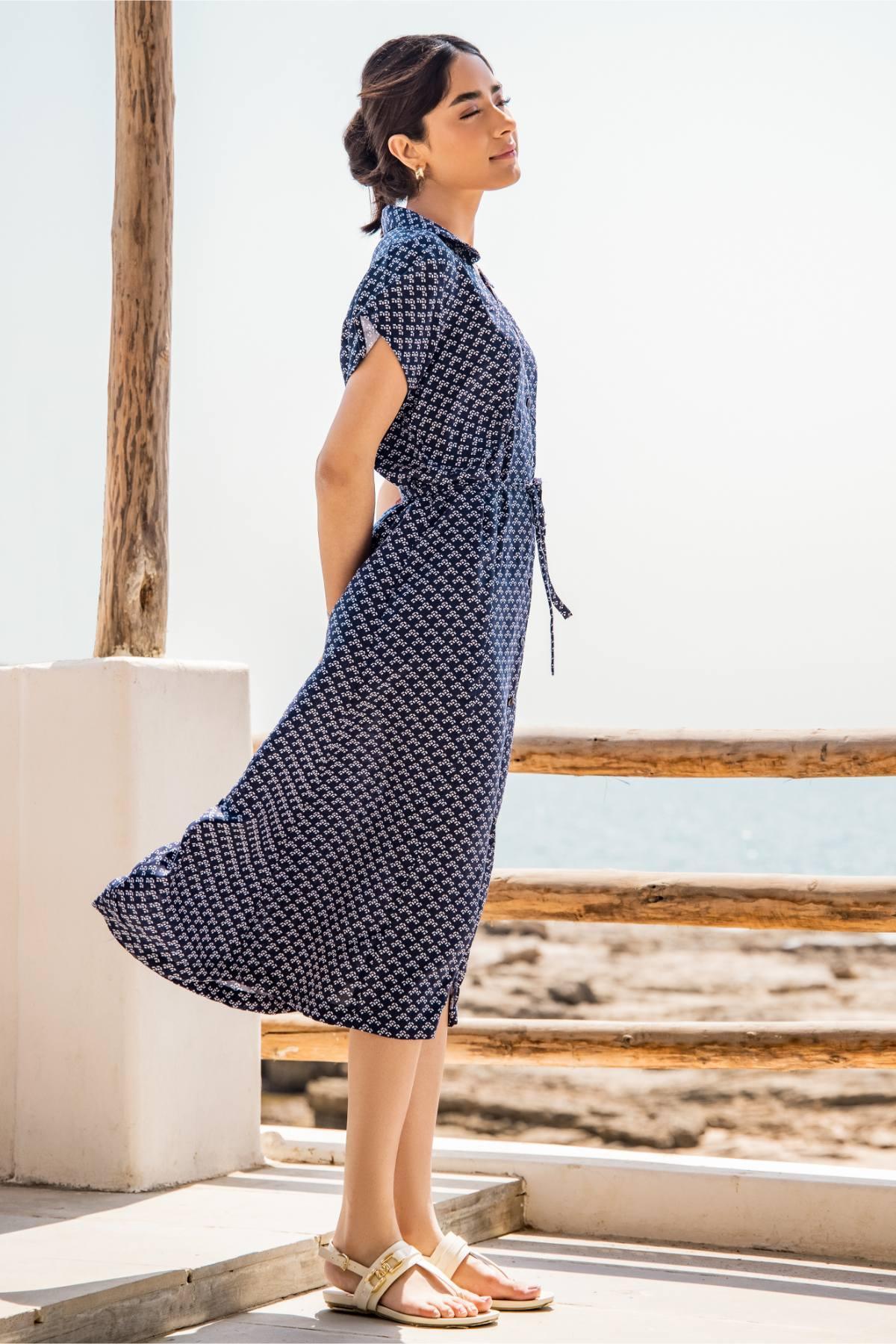 PRINTED LONG DRESS FOR WOMEN - NAVY - Image 3