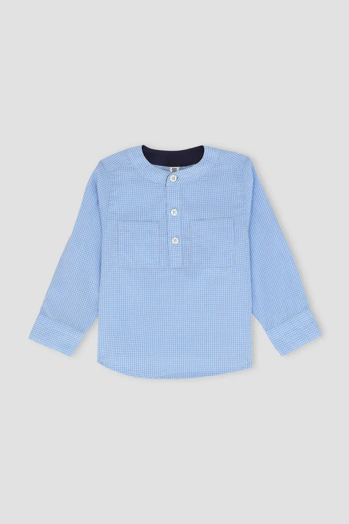 BAN COLLAR CHECK SHIRT FOR BABY BOYS - BLUE CHECK