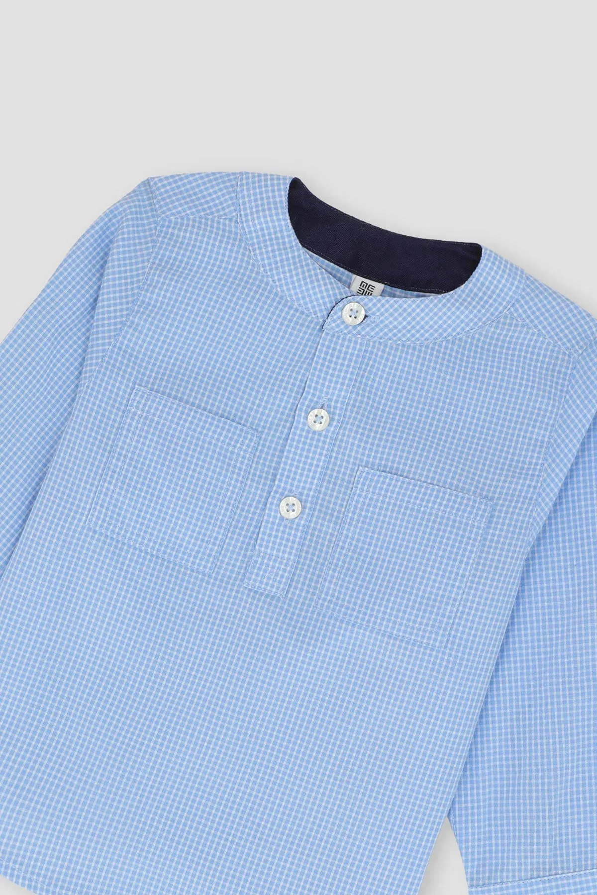BAN COLLAR CHECK SHIRT FOR BABY BOYS - BLUE CHECK - Image 2