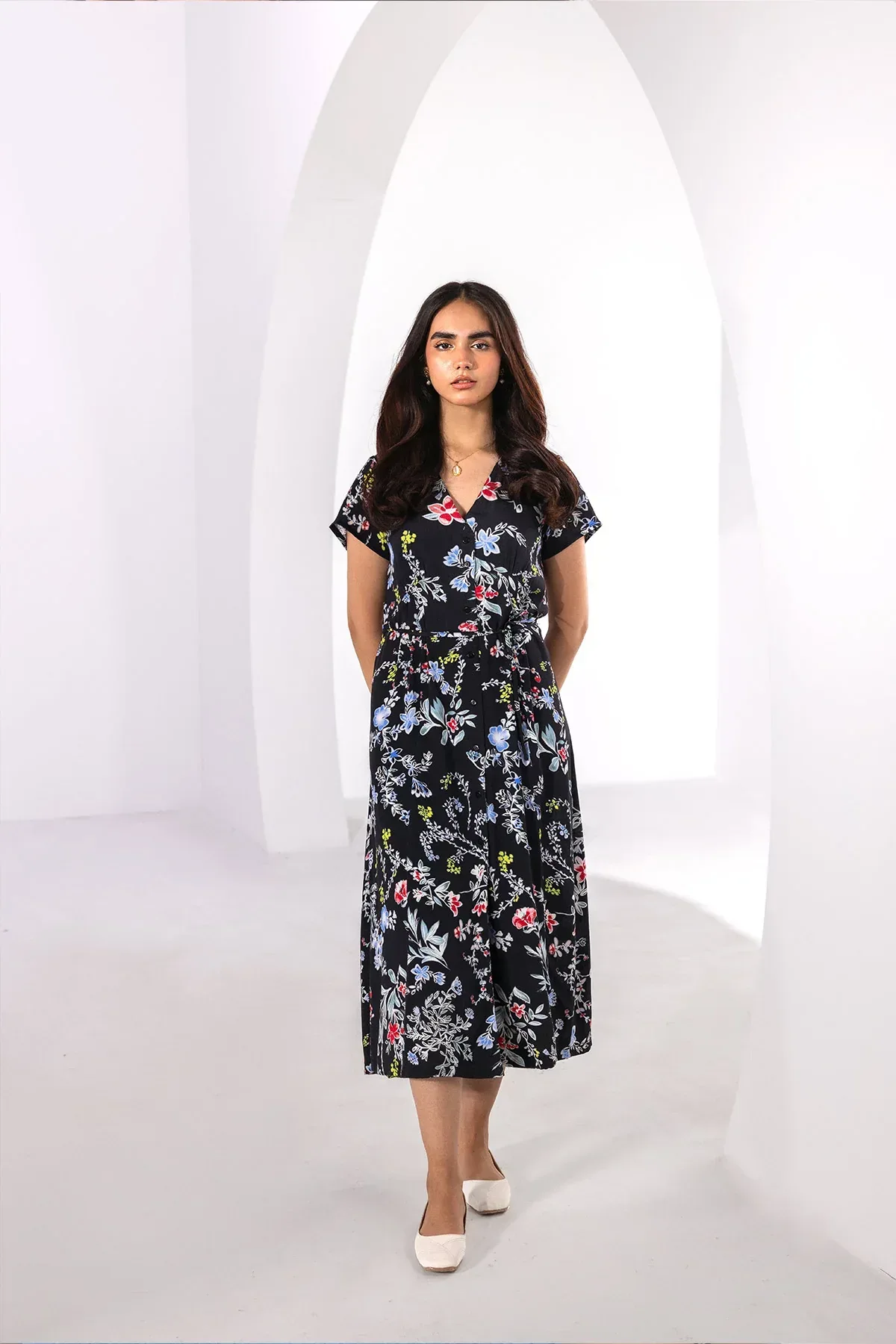 PRINTED LONG DRESS FOR WOMEN - BLACK