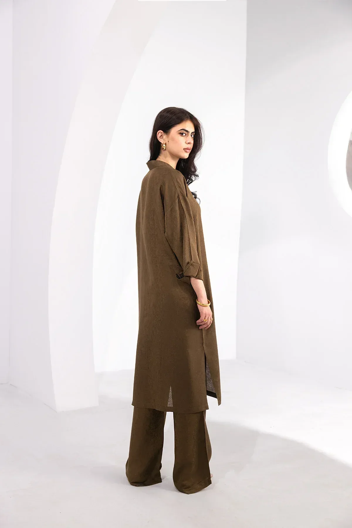 SOLID LONG SHIRT CO-ORD SET FOR WOMEN - KHAKI - Image 4